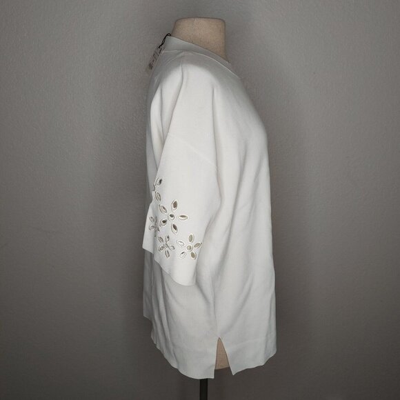 Zara Womens Top Medium Ribbed Short Sleeve Embroidered Flower Sleeves Ivory - Picture 8 of 16